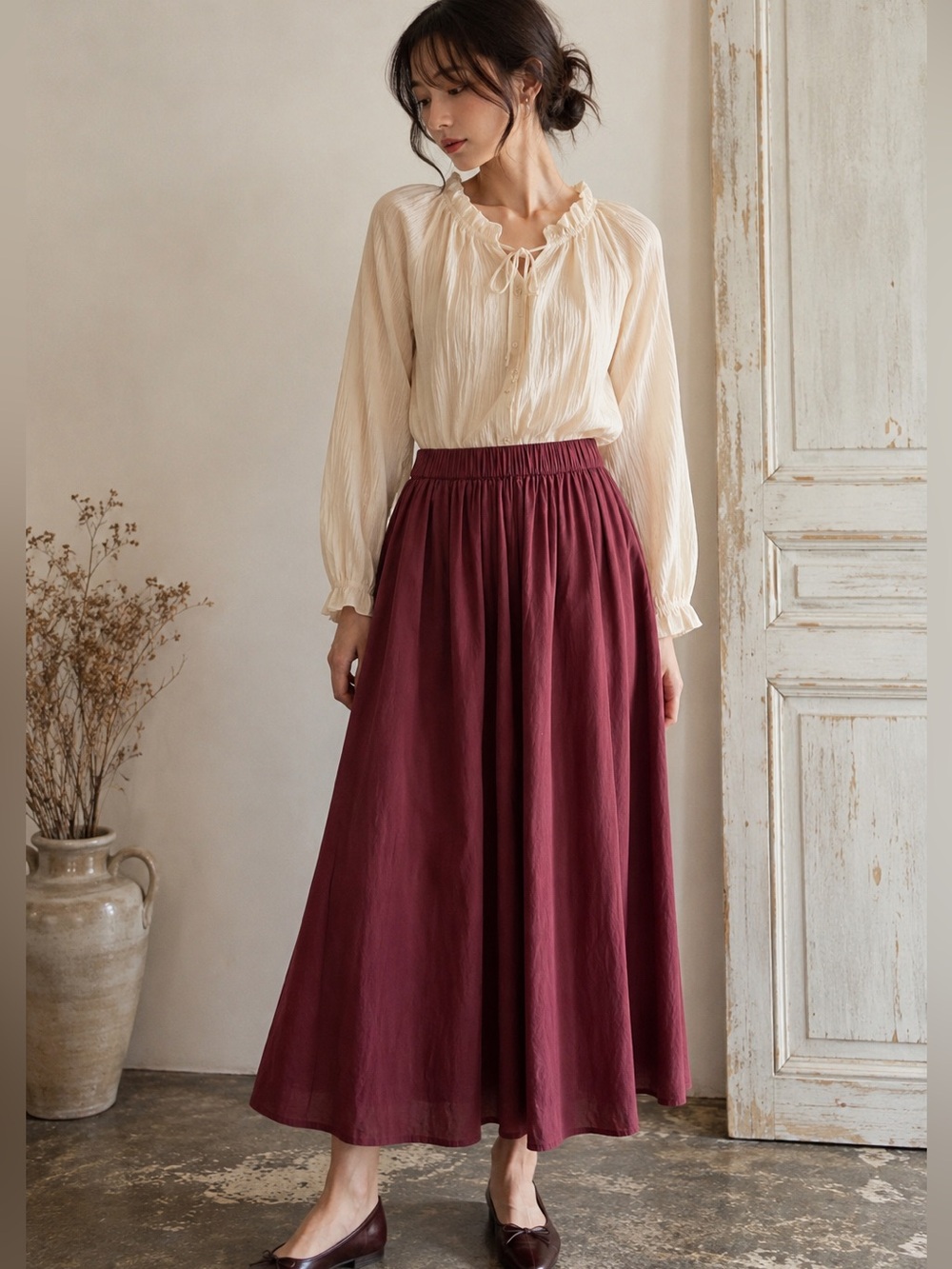 Balletcore Burgundy Cotton Midi Skirt Japanese Boho Minimalist